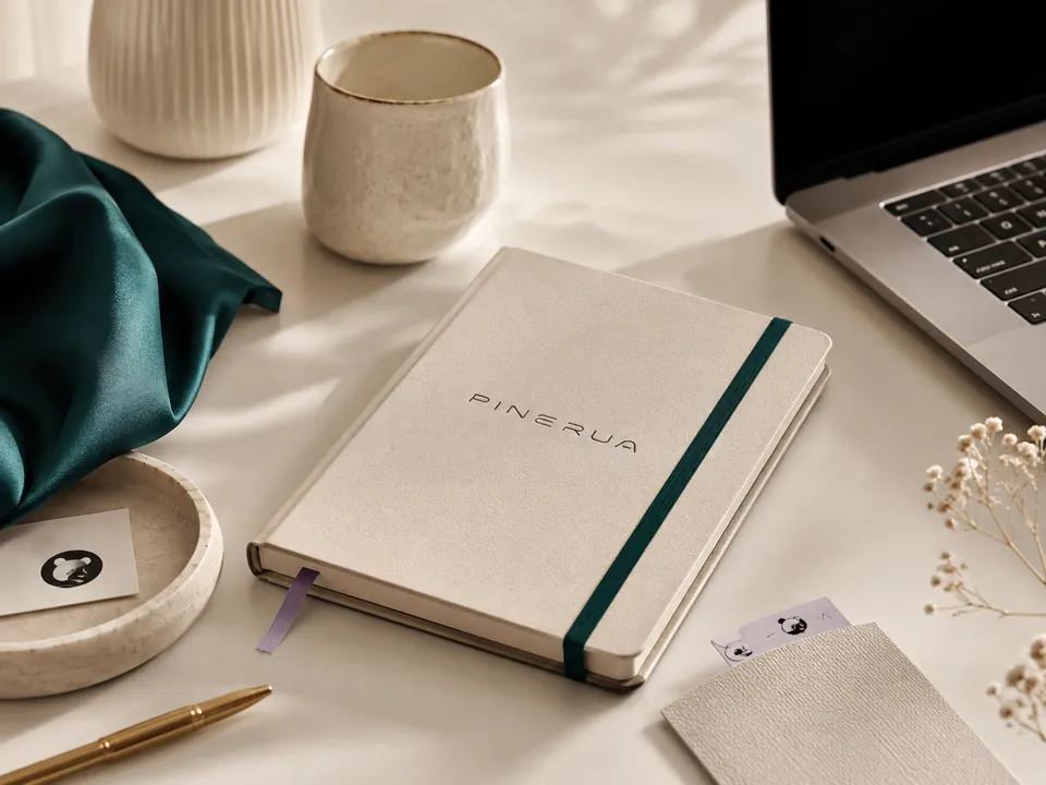 Espacio de trabajo de la marca It's Pinerua con cuaderno, cerámica y tela color turquesa